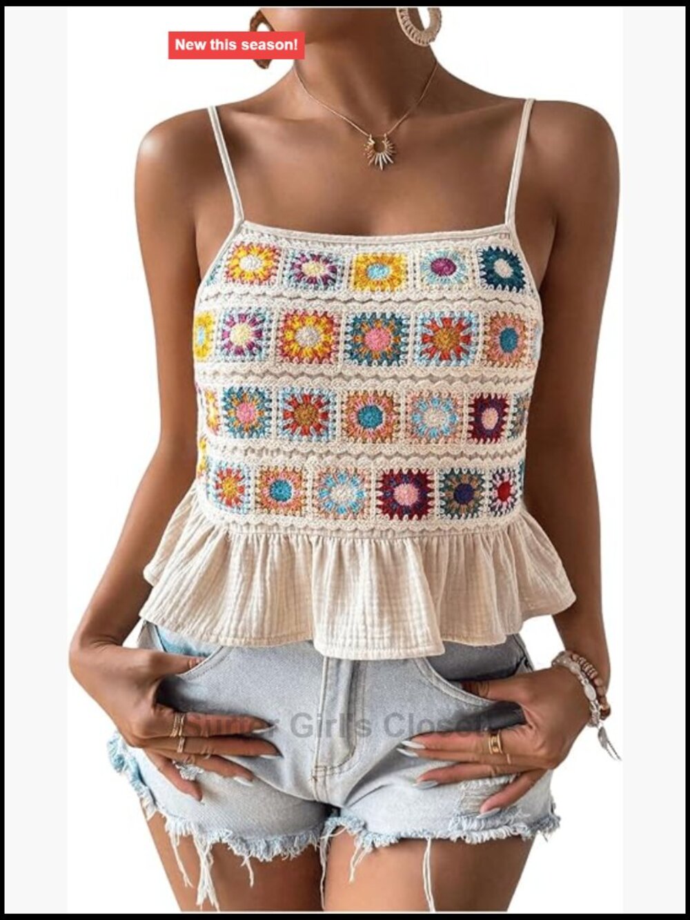 Crochet Ruffled Cami Tank Top Boho Summer Peplum Top